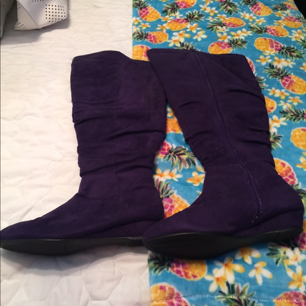Knee high wide calf purple suede boots